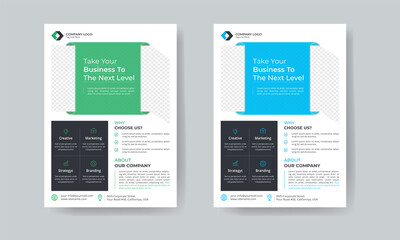 business flyer template design with green and cyan color.