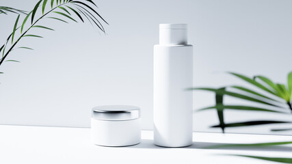 Cosmetic bottles mockup with leaves on white background