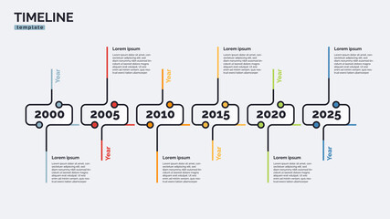 Vector timeline minimal infographic concept template with six periods of time. Editable stroke