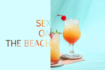 Glasses of tasty Sex on the Beach cocktail on color background