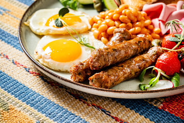 Closeup of traditional english breakfast bread with mushrooms and herbs.
