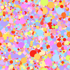 Abstract hand drown polka dots background. White dotted seamless pattern with rainbow circles. Template design for for Birthday, party holiday, banner, textile, fabric. Summer confetti illustration