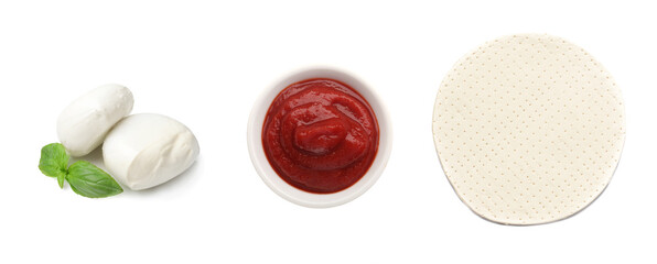 Ingredients for tasty pizza on white background