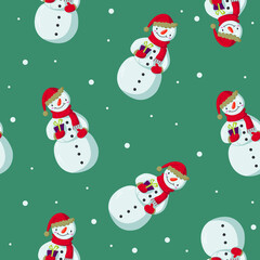 Vector seamless pattern with snowmen and snowflakes on a green background. Great for wallpapers, wrapping paper, fabric, website backgrounds, Christmas cards.