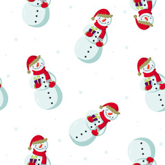 Vector seamless pattern with snowmen and snowflakes on a white background. Great for wallpapers, wrapping paper, fabric, website backgrounds, Christmas cards.