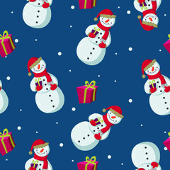 Vector seamless pattern with snowmen and snowflakes on a blue background. Great for wallpapers, wrapping paper, fabric, website backgrounds, Christmas cards.