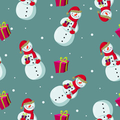 Vector seamless pattern with snowmen and snowflakes on a gray background. Great for wallpapers, wrapping paper, fabric, website backgrounds, Christmas cards.