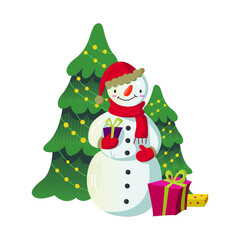 Vector Christmas illustration with snowman, christmas tree and gifts.