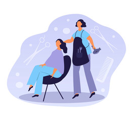 vector illustration on the theme of beauty salon, hair care. hairdresser dries hair of a girl sitting in a chair. trend illustration in flat style.
