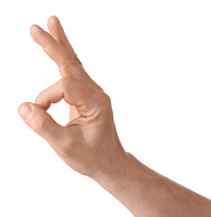 Man showing OK gesture on white background