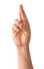 Man with crossed fingers on white background