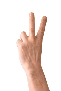 Man showing two fingers on white background