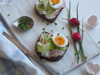 Light background.Vegetarian sandwich made from natural products, cucumbers and radishes.Healthy natural summer food.