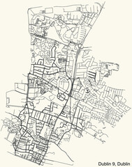 Fototapeta na wymiar Black simple detailed street roads map on vintage beige background of the quarter Postal district 9 (D9) of Dublin, Ireland