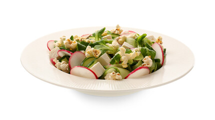 Plate with tasty popcorn salad on white background