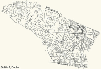 Black simple detailed street roads map on vintage beige background of the quarter Postal district 7 (D7) of Dublin, Ireland