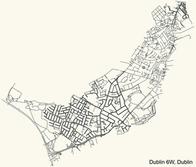 Fototapeta na wymiar Black simple detailed street roads map on vintage beige background of the quarter Postal district 6W (D6W) of Dublin, Ireland
