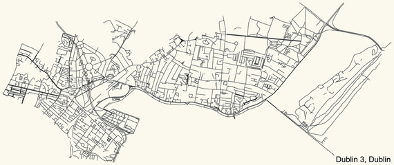 Fototapeta na wymiar Black simple detailed street roads map on vintage beige background of the quarter Postal district 3 (D3) of Dublin, Ireland