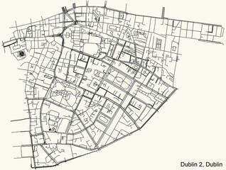 Black simple detailed street roads map on vintage beige background of the quarter Postal district 2 (D2) of Dublin, Ireland