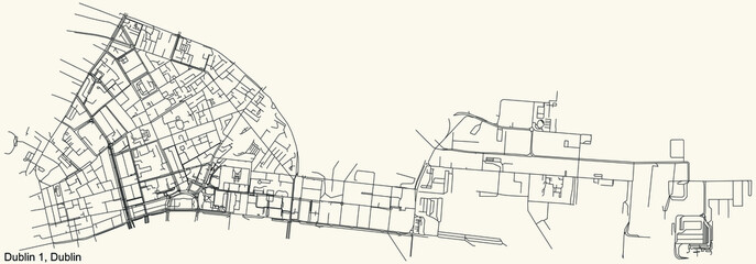Black simple detailed street roads map on vintage beige background of the quarter Postal district 1 (D1) of Dublin, Ireland