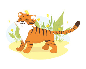 Obraz na płótnie Canvas Tiger is standing on the meadow and smiling. Happy wild animal. Vector illustration.