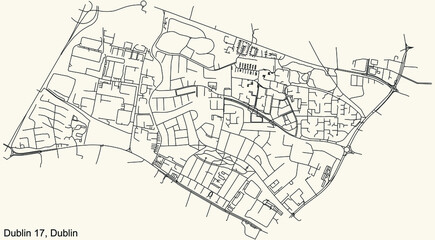 Black simple detailed street roads map on vintage beige background of the quarter Postal district 17 (D17) of Dublin, Ireland