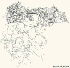 Fototapeta na wymiar Black simple detailed street roads map on vintage beige background of the quarter Postal district 16 (D16) of Dublin, Ireland