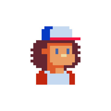 Boy in a cap character. Pixel art. Flat style. Avatar, portrait, profile picture. Design of 80s. Game assets. 8-bit. Isolated vector illustration.