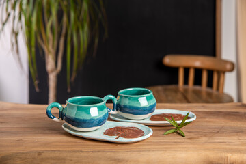 turkish coffee cups on wooden table