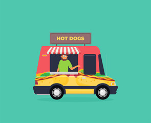 Street food van. Fast food delivery in flat style isolated on color background