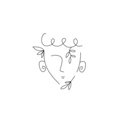 Vector outline illustration of abstract contour human face with leaves.