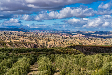 Landscape near Bacor Olivar at Embalse de Negratin reservoir lake in Spain
