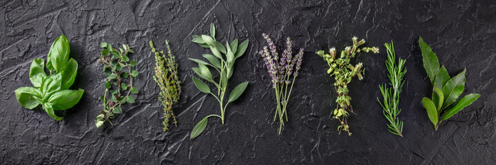 Naklejka premium Fresh aromatic herbs, overhead flat lay panorama on a black background. Bunches of rosemary, basil, thyme, lavender, and various other culinary plants