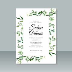 Wedding invitation card template with watercolor painting foliage