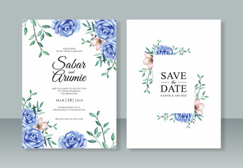 Fototapeta na wymiar Beautiful wedding invitation template with blue roses watercolor painting