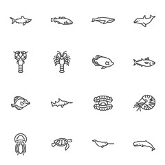 Sea animals line icons set