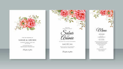 Fototapeta na wymiar Set of minimalist wedding invitation card templates with watercolor flower painting