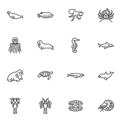 Marine animals line icons set