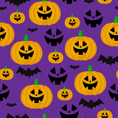 Background design with a seamless Halloween pattern with a pumpkin lantern, and festive elements on a purple background.