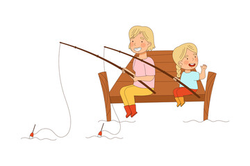 Mother and Daughter with Fishing Rod Sitting on Berth of River and Catching Fish Vector Illustration