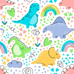 Foto op Canvas Seamless vector pattern. Cute dinosaurs, rainbows, hearts, flowers, curls and specks on a white background.  © Olga