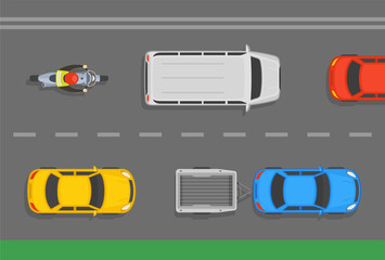Sedan cars with trailer, minivan and motorcycle rider on lanes. Asphalt city road top view. Flat vector illustration template.