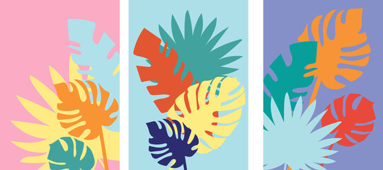 Collection of modern artistic abstractions with tropical plants on colored background