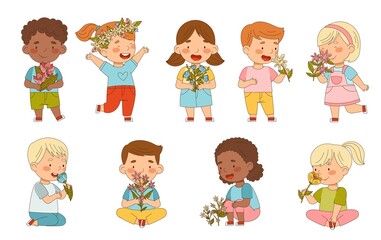 Preschool Children Holding Flower Smelling Aroma and Fragrance Vector Set