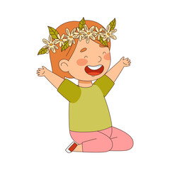 Cheerful Redhead Girl with Flower Wreath on Her Head Raised Her Hands with Joy Vector Illustration
