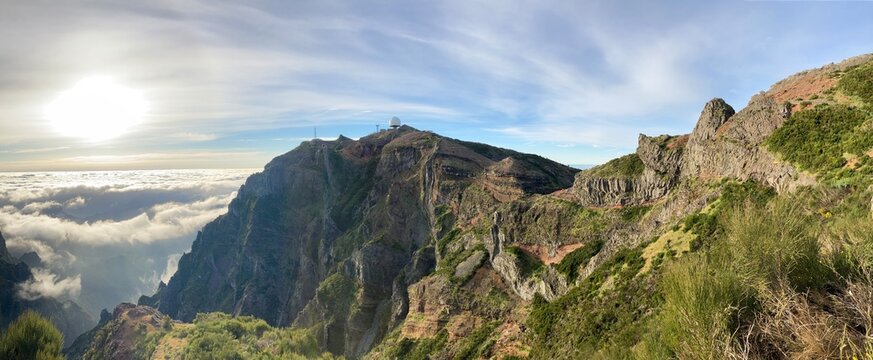 Panoramic Landscape View To Pico Do Arieiro Mountain Peak With Radar Ball Antenna Tower Station In Madeira Island, Portugal. Beautiful Morning Landscape Shot.