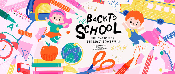 Obraz na płótnie Canvas Back to school vector banners. Background design with children and education accessories element. Kids hand drawn flat design for poster , wallpaper, website and cover template. 