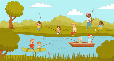 Happy Children and Parents with Fishing Rod Catching Fish in the River or Lake in Summer Vector Illustration