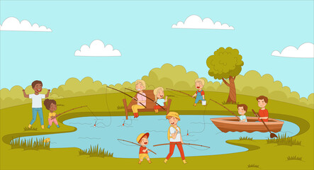Obraz na płótnie Canvas Happy Children and Parents with Fishing Rod Catching Fish in the River or Lake in Summer Vector Illustration