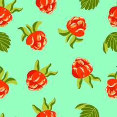 Seamless pattern with yellow berries on a blue background. Raspberries, blackberries. Great for packaging design, textiles, paper, tea, decals.